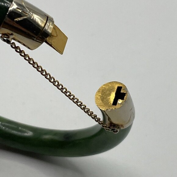 Vintage Spinach Green Nephrite Jade Bangle Bracelet Hinged 10K Gold Plate Caps - Picture 7 of 8